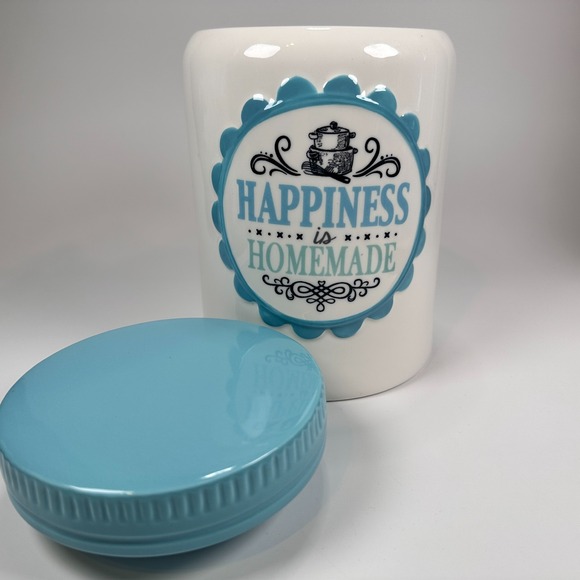 Cracker Barrel Cookie Jar 'Happiness is Homemade' Teal & White 8.5 x5.5" Baking - Picture 4 of 16
